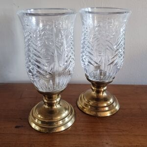 Elegant Crystal And Brass Hurricane Christmas Tree Candle Holders with Gold Base